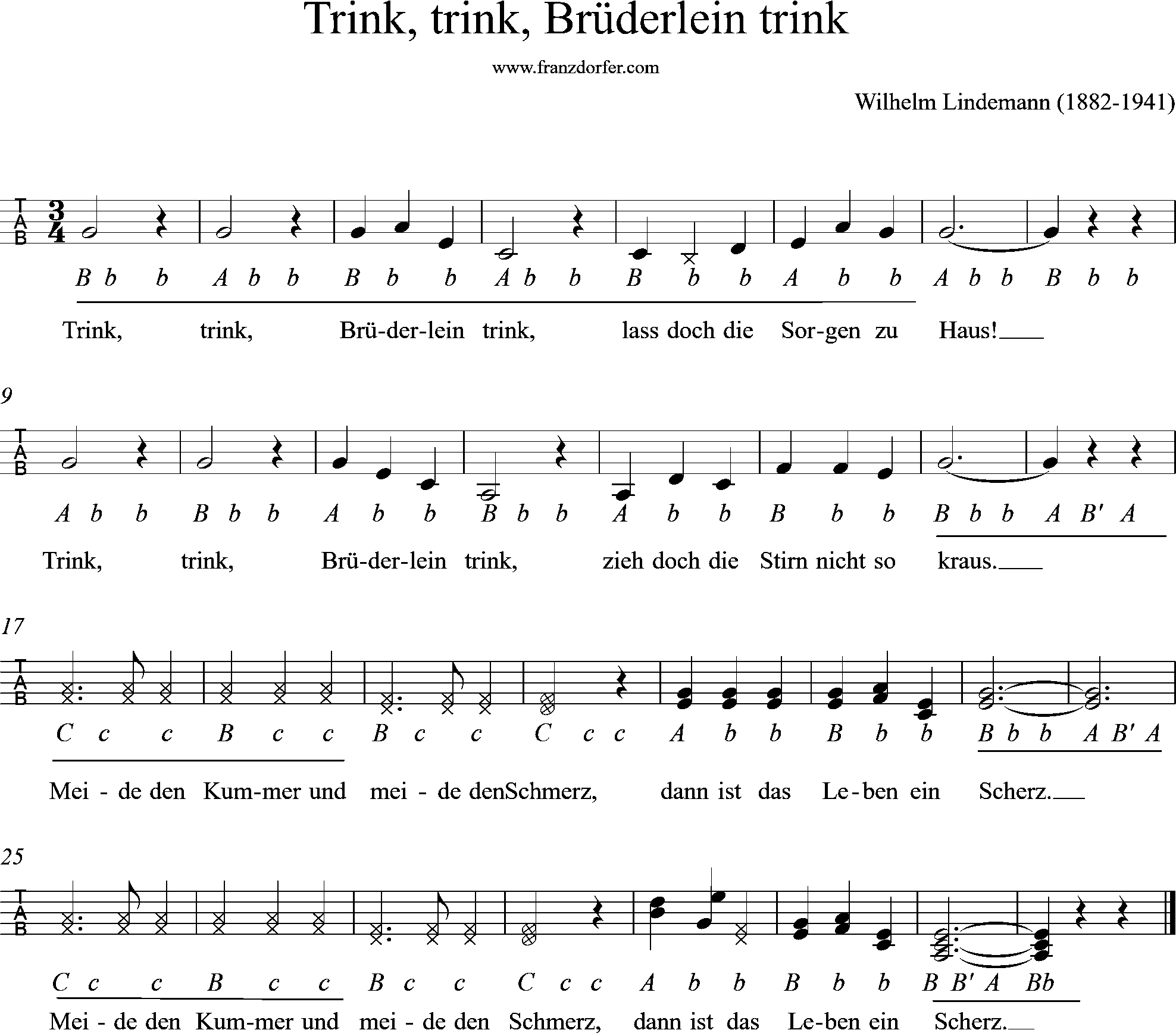 ziachnoten, Quetschm- Trink Brüderlein trink steirische lernen, griffschrift,- Trink Brüderlein trink